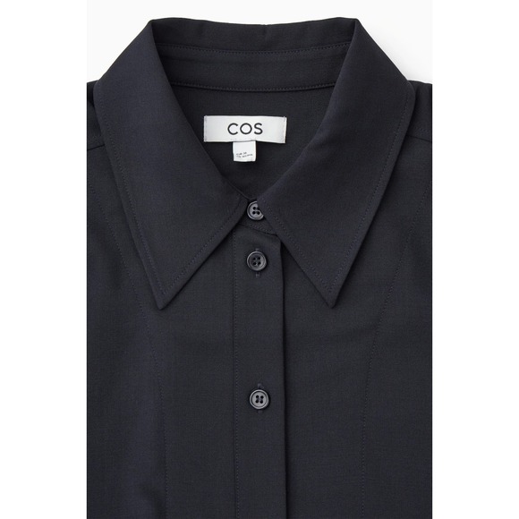 COS Navy Asymmetric Wool Shirt Dress Button Front Midi US 14 Minimalist - Picture 3 of 9